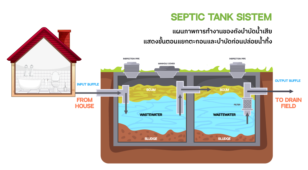 แผนภาพการทำงานของถังบำบัดน้ำเสีย แสดงขั้นตอนแยกตะกอนและบำบัดก่อนปล่อยน้ำทิ้ง